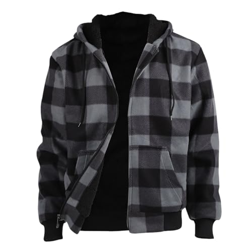 Fleecejacke Herren mit Kapuze Karierte Jacke Sherpa-Fleece Gefüttert Sweatjacke Durchgehender Reißverschluss Kordelzug Kapuzenjacke mit Taschen von Generisch
