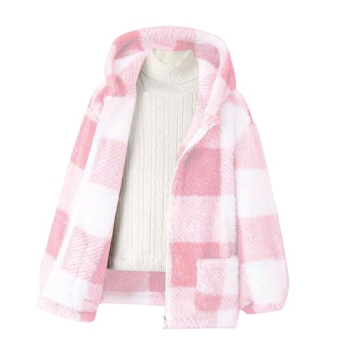 Fleecejacke Mädchen Winterjacke Plüsch Warm Übergangsjacke Reißverschluss Kariert Langarm Dicke Kapuzenjacke Teenager Mädchen Herbst Winter Gefütterte Teddyfleece Jacke mit Tasche 5-14 Jahre von Generisch