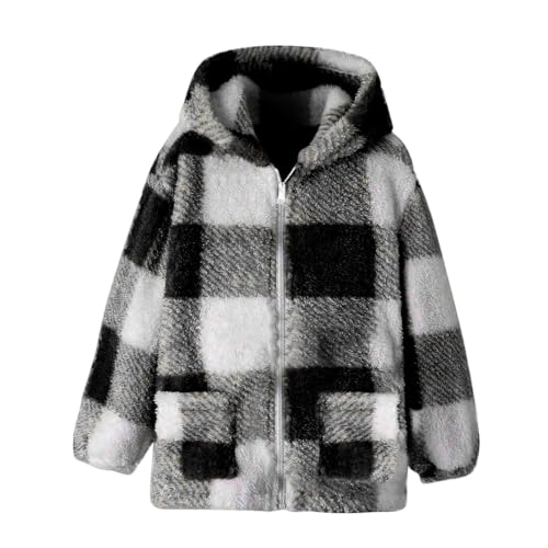 Fleecejacke Mädchen Winterjacke Plüsch Warm übergangsjacke Reißverschluss Kariert Langarm Dicke Kapuzenjacke Teenager Mädchen Herbst Winter Gefütterte Teddyfleece Jacke mit Tasche 8-13 Jahre von Generisch