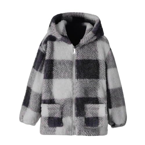 Fleecejacke Mädchen Winterjacke Plüsch Warm übergangsjacke Reißverschluss Kariert Langarm Dicke Kapuzenjacke Teenager Mädchen Herbst Winter Gefütterte Teddyfleece Jacke mit Tasche 8-13 Jahre von Generisch