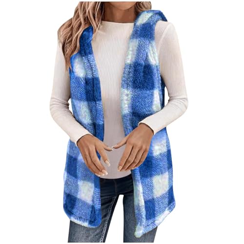 Fleeceweste Damen Modisches Karierte Fleecejacke Ärmellos Teddyjacke mit Kapuze Open Front Longweste Winter Steppweste Weicher Sweater Bequeme Winterweste von Generisch
