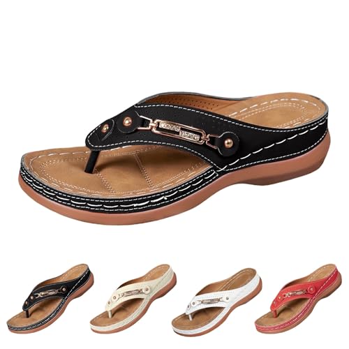 Flip Flops Damen Keilabsatz Zehentrenner Leder Slides, Leichte LäSsige Tanga Flip, OrthopäDische Hausschuhe Mit Arch Support，Bequeme Römerschlappen Strand Drinnen DraußEn von Generisch