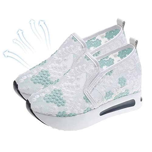 Floral Embroidery Sheer Mesh Sneakers Wedge Sneakers with Embroidery Mesh Chunky Sole High Heels Slip Walking Work Shoes Breathable Green von Generisch