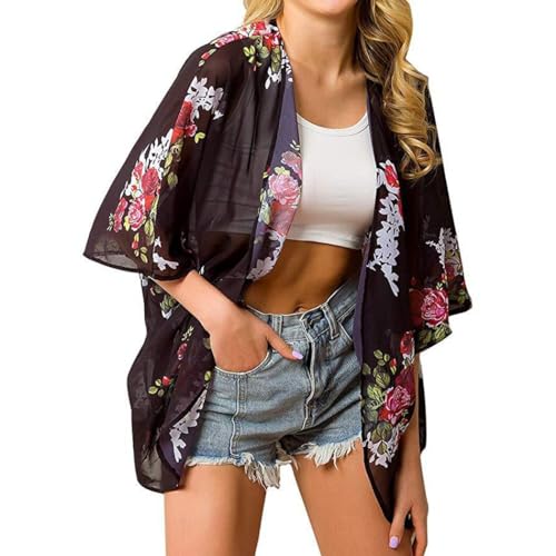 Floraler Kimono-Cardigan für Damen: Badeanzug, atmungsaktiv, lässig, dekorativ, für Urlaub, Strand, locker, Outdoor, Meer, Einheitsgröße, Baumwolle, Kein Edelstein von Generisch