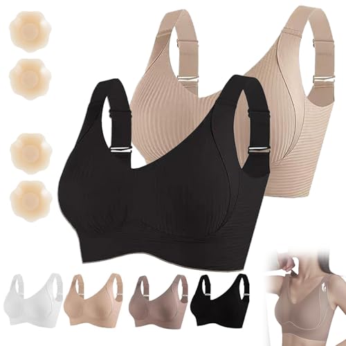 Flowomen BH Damen Solid Vierreihiger Verstellbarer Drahtloser BH Flowomen BHs für Frauen BHs Ohne Bügel Volle Unterstützung, 2 Stück - B, M von Generisch