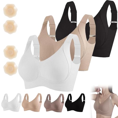 Flowomen BH Damen Solid Vierreihiger Verstellbarer Drahtloser BH Flowomen BHs für Frauen BHs Ohne Bügel Volle Unterstützung, 3 Stück-B, M von Generisch