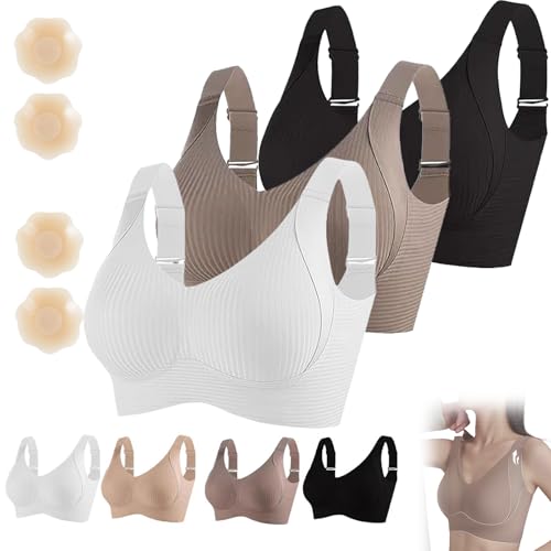 Flowomen BH Damen Solid Vierreihiger Verstellbarer Drahtloser BH Flowomen BHs für Frauen BHs Ohne Bügel Volle Unterstützung, 3 Stück - D, L von Generisch