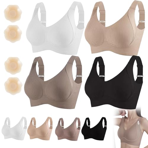 Flowomen BH Damen Solid Vierreihiger Verstellbarer Drahtloser BH Flowomen BHs für Frauen BHs Ohne Bügel Volle Unterstützung, 4 Stück., XXL von Generisch