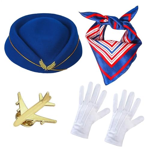 Flugbegleiter Kostüm - Stewardess Kostüm im klassischen Design | Fluggesellschaft Stewardess Kostüm Zubehör Set mit professionellem Look | Flugbegleiterin Hut Schal Handschuhe Brosche für elegantes von Generisch
