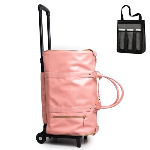 Foldable Travel Bag 2.0, Trendfetchus Foldable Travel Bag with Wheels, Carry On Garment Bags, with Portable Mesh Shower Caddy, Large Weekender Bags for Men Women (Pink 1) von Generisch