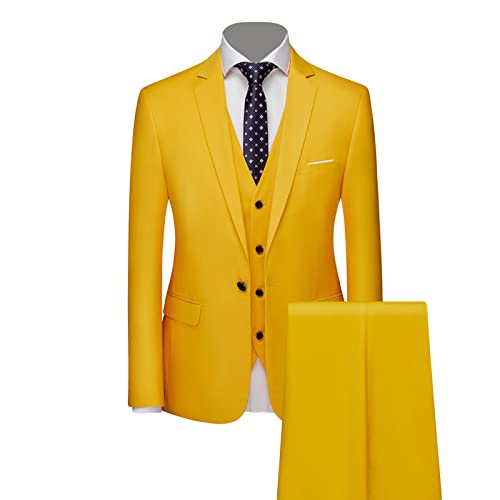 Formales 3 Teiliges Anzug Set für Herren Slim Fit Hochzeits Smoking mit 1 Knopf Revers Stilvolle Business Party Blazer Weste Hose (Gelb,XXL) von Generisch
