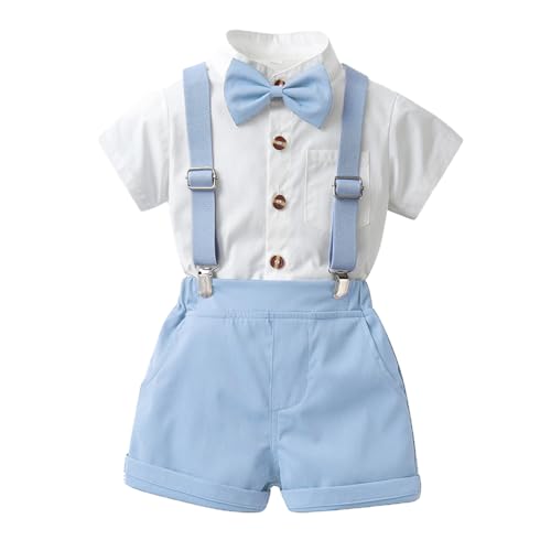 Formelles Outfit Für Kleinkinder Gentleman Kurzärmelig Weiß Knopfleiste Hemd Mit Schleife Fliege Jungen Straps-Shorts Elegant Hochzeitsanzug Festlich Jungen-Outfits Sky Blue 100 von Generisch