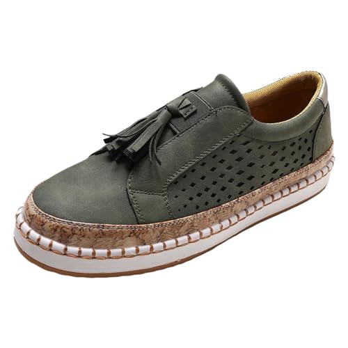 , Fransen, ausgehöhlt, runde Zehenpartie, Flache Slip-On-Schuhe, Damen-Sneakers (Green, 43) von Generisch