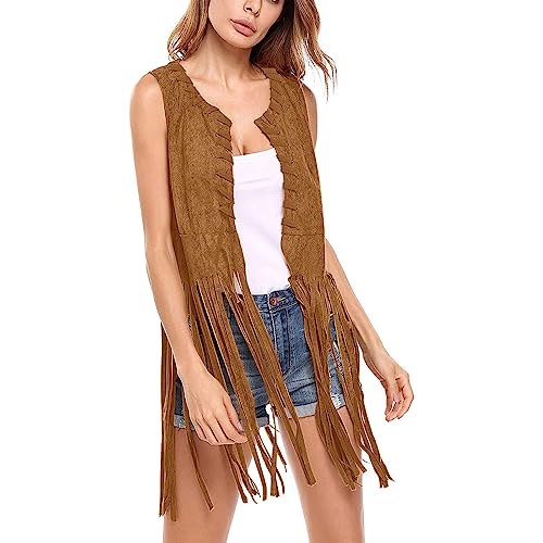 Fransenweste Damen Hippie Lang Fasching Sommer Dünn Weste Armlose Jacke Vintage Cardigan Leicht Ärmello Modeweste Tasche Gilet Tracht von Generisch