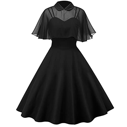 Frauen Abendkleider Damen Kleider mit Spitze Cape,Vintage Retro Kurzärmeliges Tailliertes A-Linien Ballkleid Festliche Kleider Freizeitkleid Cocktailkleid für Festlich Hochzeit Elegant von Generisch