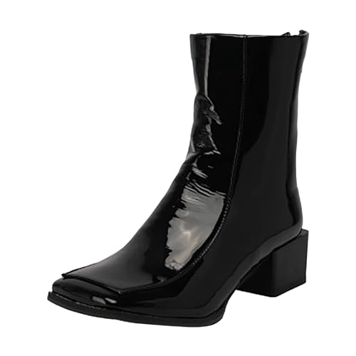 Frauen Ankle Boots Winter 2023 Koreanische Stil PU Stiefel mit dicken Absätzen Reißverschluss für Damen (Black, 42) von Generisch
