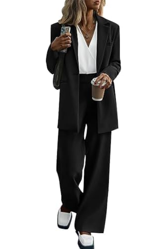 Frauen Anzug Set 2-Teilig Mit Blazer Und Hose Schlichter Business Anzug Schmal Geschnitten Eleganter Sakko Hosenanzug (Black, L) von Generisch