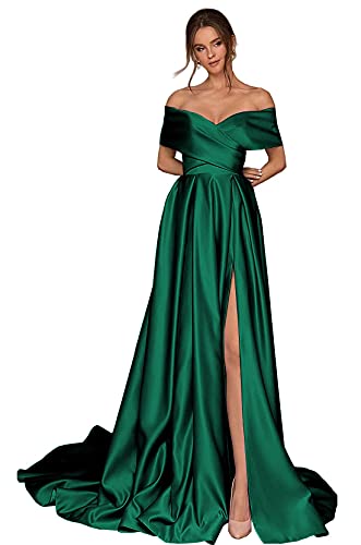 Frauen Aus Die Schulter Ballkleider Lange Satin Brautjungfernkleider Korsett Hoher Schlitz Formelle Party Abendkleid mit Taschen Emerald Green L von Generisch