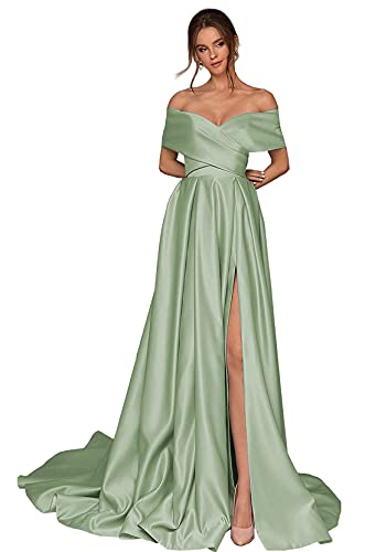 Frauen Aus Die Schulter Ballkleider Lange Satin Brautjungfernkleider Korsett Hoher Schlitz Formelle Party Abendkleid mit Taschen Sage Green 7XL von Generisch