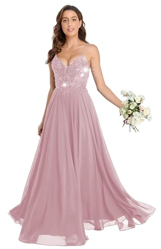 Frauen-Brautjungfernkleid mit V-Ausschnitt für Frauen A-Linie Abschlussballkleider Lange Spaghettiträger Ballkleid für Hochzeitsgast Dusty Pink L von Generisch