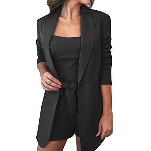 Frauen Elegante Klassisch Anzüge Lockere Langes Ärmeln Oberteil Kurze Hose Jogginganzug Damen High Waist Slim Oberteil 2-Teilige Set Langarm Knopf Overall Freizeitanzug Elegant Business (Black, L) von Generisch