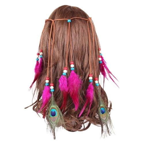 Frauen Feder Stirnband Boho Hippie Kopfschmuck Kopfschmuck American Style Festival Party Haar Laufweste Herren Sommer (Hot Pink, One Size) von Generisch