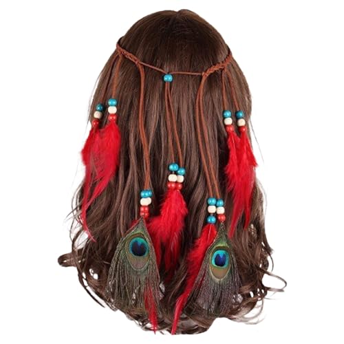 Frauen Feder Stirnband Boho Hippie Kopfschmuck Kopfschmuck American Style Festival Party Haar Laufweste Herren Sommer (Red, One Size) von Generisch