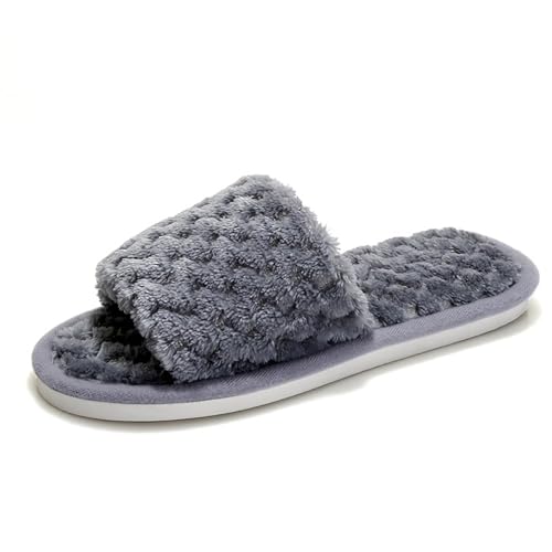 Frauen Hausschuhe Plüsch Offene Zehe Gemütliche Flache Slipper Weiche Baumwolle rutschfeste Haustürschuhe Ideal für Indoor Nutzung (Grey, 37) von Generisch