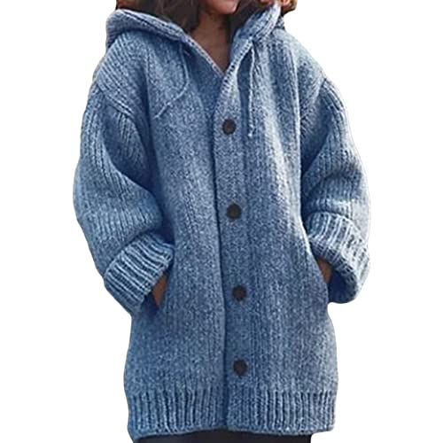Frauen Heavyweight Hooded Sweaters Oversized Long Sleeve Open Front Lose Chunky Knit Sweater Cardigans Jacken (L,Blau) von Generisch