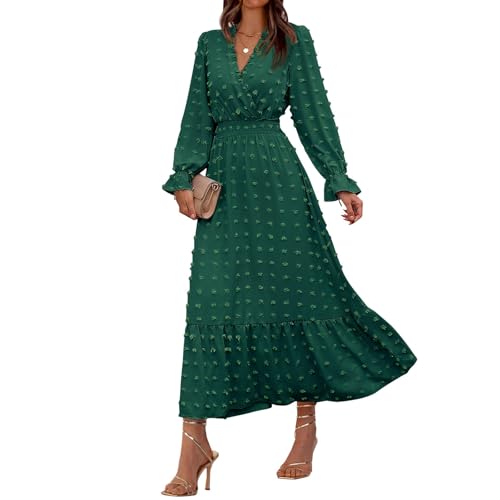 Frauen Herbst Kleider Langarm V-Ausschnitt Schweizer Punkte Maxikleid Boho Langes Kleid Hohe Taille A-Linie Rüschen Kleid Einfarbig Wickelkleid Elegant Freizeitkleider 1#Dunkelgrün XL von Generisch