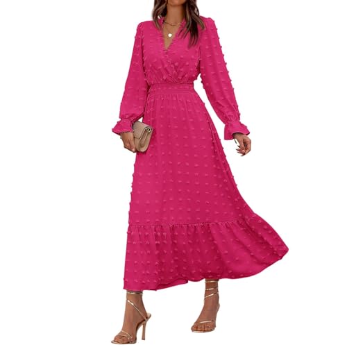 Frauen Herbst Kleider Langarm V-Ausschnitt Schweizer Punkte Maxikleid Boho Langes Kleid Hohe Taille A-Linie Rüschen Kleid Einfarbig Wickelkleid Elegant Freizeitkleider 1#Knalliges Pink M von Generisch