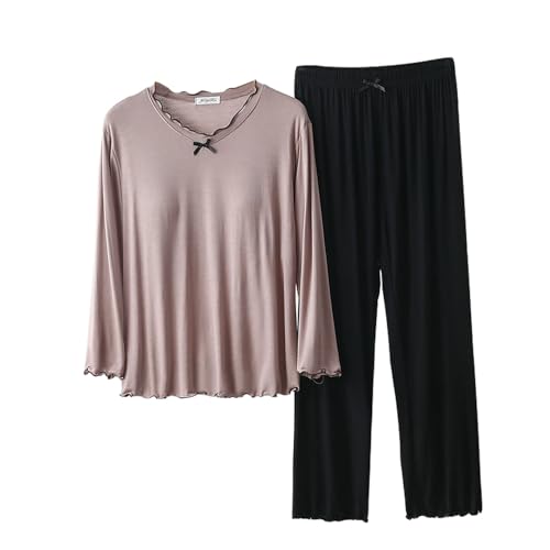 Generisch Frauen Hosen Winter Warmer Schlafanzug Damen Damen Pyjama-Sets -Pyjama-Set Langarm-Oberteil mit integriertem BH und Langen Hosen Nachtwäsche 2-Set Top Lang Baumwolle Bio (Beige, XXL) von Generisch