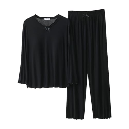 Generisch Frauen Hosen Winter Warmer Schlafanzug Damen Damen Pyjama-Sets -Pyjama-Set Langarm-Oberteil mit integriertem BH und Langen Hosen Nachtwäsche 2-Set Top Lang Baumwolle Bio (Black, XXL) von Generisch