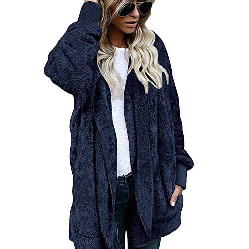 Frauen Kapuzenmantel Plus Size PlüSch Tops Lose Strickjacke Jacke Oberbekleidung Winter Warm Fleece Mantel (S,Blau) von Generisch