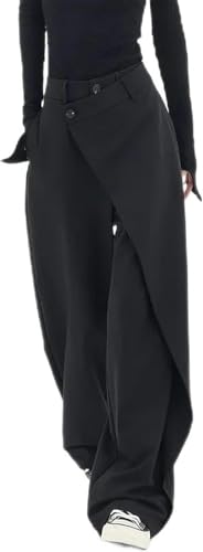 Frauen Lose Hohe Taille Weites Bein Hosen Mode Asymmetrische Spleißen Knopf Gerade Hosen Frauen Y2K Casual Street Vielseitig Einfache Blazer Hosen (Schwarz,XS) von Generisch
