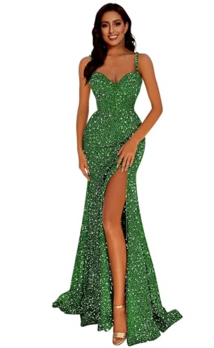 Frauen Meerjungfrau Pailletten Abschlussball Kleider V-Ausschnitt RüCkenfrei Brautjungfernkleid Langer Schlitz Formelle Abendparty Ballkleid Emerald Green S von Generisch