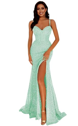 Frauen Meerjungfrau Pailletten Abschlussball Kleider V-Ausschnitt RüCkenfrei Brautjungfernkleid Langer Schlitz Formelle Abendparty Ballkleid Mint Green M von Generisch