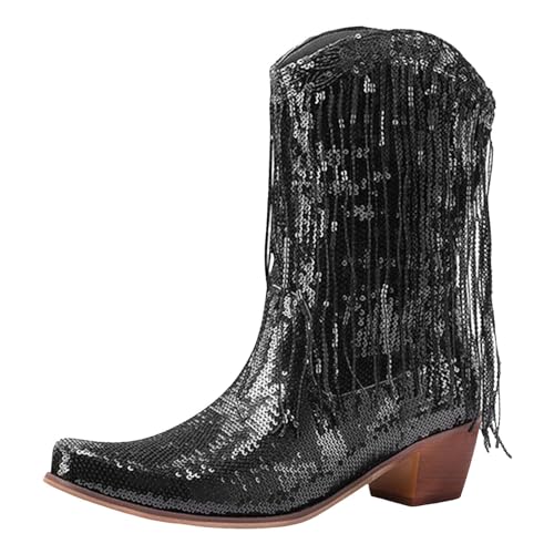 Frauen Mitte Wade Stiefel Modische Pailletten Dekoration Quaste Stiefel Muster Dicke Heels Bequeme Schuhe Kinder 30 (Black, 40) von Generisch