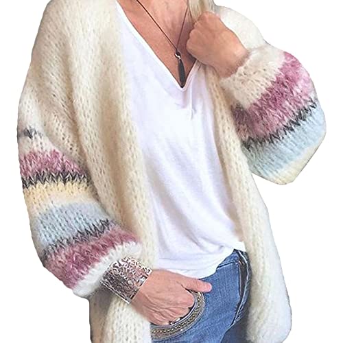 Frauen Mohair Strickjacke Candy Farbe Gestreifte Laterne ÄRmel Pullover Mantel LäSsige Pullover Strickoberteile (S,Aprikose) von Generisch