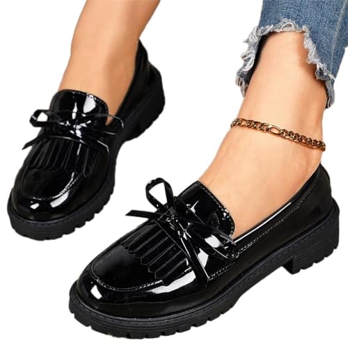 Frauen Mokassins Mit Blockabsatz Bequeme Slip-On Loafer Mit Rundkappe Aus Kunstleder Elegante Freizeitschuhe Flach Für Damen (A1-Schwarz, Erwachsene, 36, Numerisch, EU Schuhgrößensystem, M) von Generisch