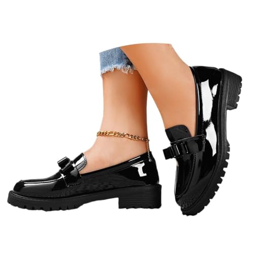 Frauen Mokassins Mit Blockabsatz Bequeme Slip-On Loafer Mit Rundkappe Aus Kunstleder Elegante Freizeitschuhe Flach Für Damen (A2-Schwarz, Erwachsene, 38, Numerisch, EU Schuhgrößensystem, M) von Generisch