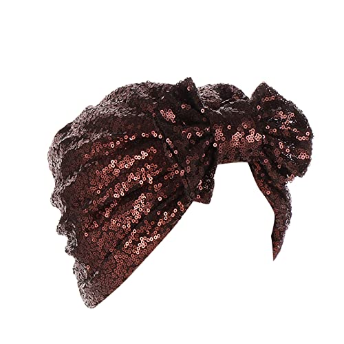 Frauen Muslim Turban Hatbow Pailletten Haar Bonnet Head Scarf Wrap Cover Cap Reiniger Set (Coffee, One Size) von Generisch