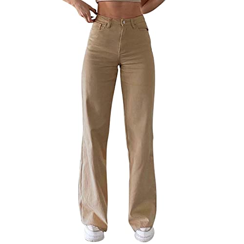 Frauen Normallack Jeans Schlaffe Lose Dünne Taillen Gerade Hosen Beiläufige Kurze Hose Damen Schwarz Stoff Jeanshose Anzughose High Waist Skinny Stretch Damenhose Outdoorhose (Khaki, M) von Generisch