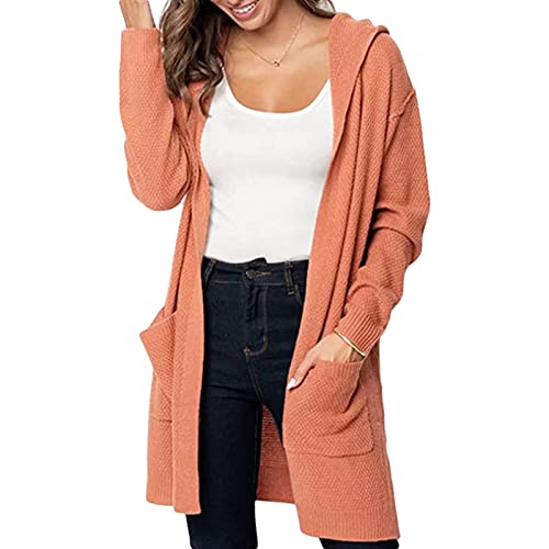 Frauen Open Hooded Cardigan Pullover Lange Strickpullover Open Front Cardigan Taschen Lose Outwear Strickjacke Mit Kapuze (L,Orange) von Generisch