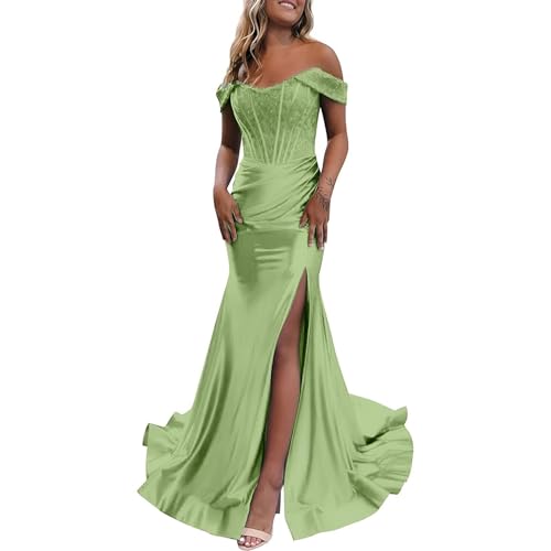 Frauen Schulterfreies Brautjungfer-Ballkleid Mit Schlitz Glitzerndes Pailletten-Abendkleid Lange Meerjungfrauen-Partykleider Sage Green S von Generisch