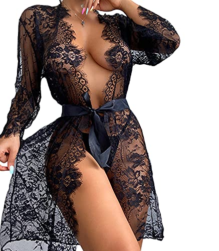 Frauen Sexy Braut Dessous Set 2 StüCk Spitze Robe V-Ausschnitt Chemise Exotic Open Front Negligé Babydoll Body (L,Schwarz) von Generisch