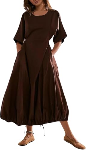 Frauen Solide Farbe Rundhalsausschnitt Kurze Ärmel Kleid Zurück Hohl Halbe Ärmel Blase Kleid Mode Klassische Niedlich Drawstring Kleider (Braun,M) von Generisch