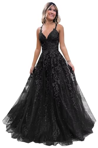 Frauen Spitze Applikation Abschlussball Kleider Langer Tüll Brautjungfernkleid A Linie V-Ausschnitt Formale Partyballkleider mit Schlitz Black 5XL von Generisch