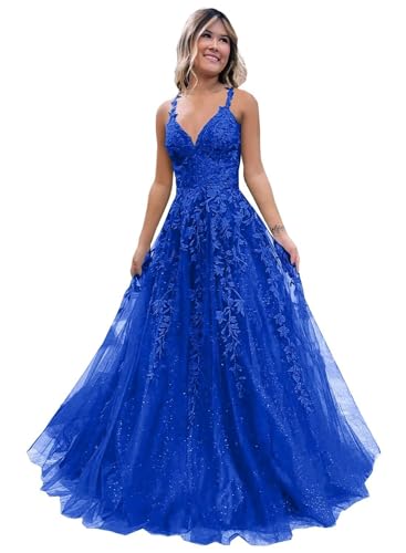 Frauen Spitze Applikation Abschlussball Kleider Langer Tüll Brautjungfernkleid A Linie V-Ausschnitt Formale Partyballkleider mit Schlitz Blue L von Generisch