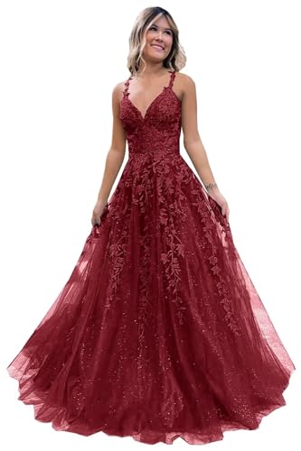 Frauen Spitze Applikation Abschlussball Kleider Langer Tüll Brautjungfernkleid A Linie V-Ausschnitt Formale Partyballkleider mit Schlitz Burgundy S von Generisch